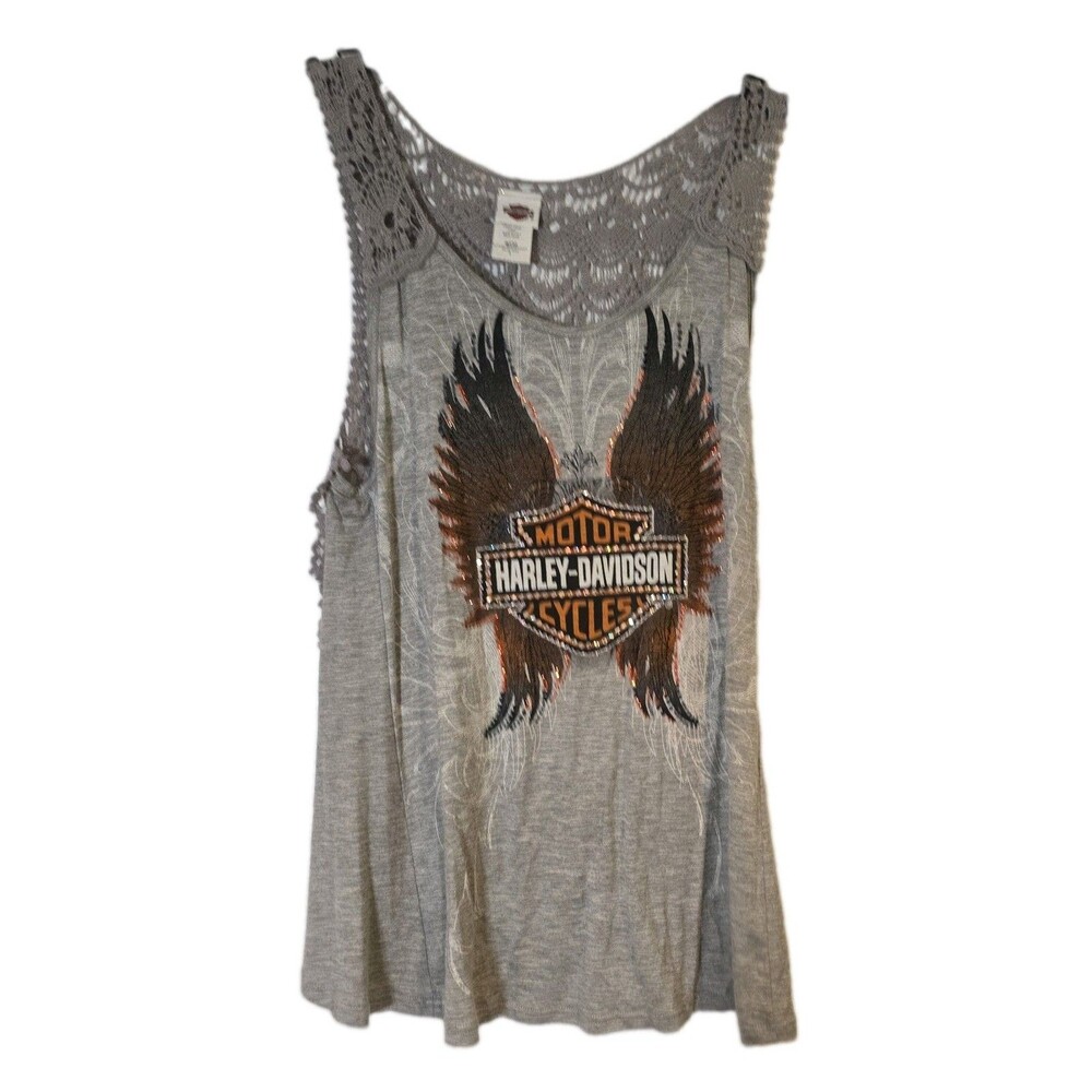 Harley-Davidson Women’s S Gray Rhinestone Wing Crochet Back Tank Top Biker